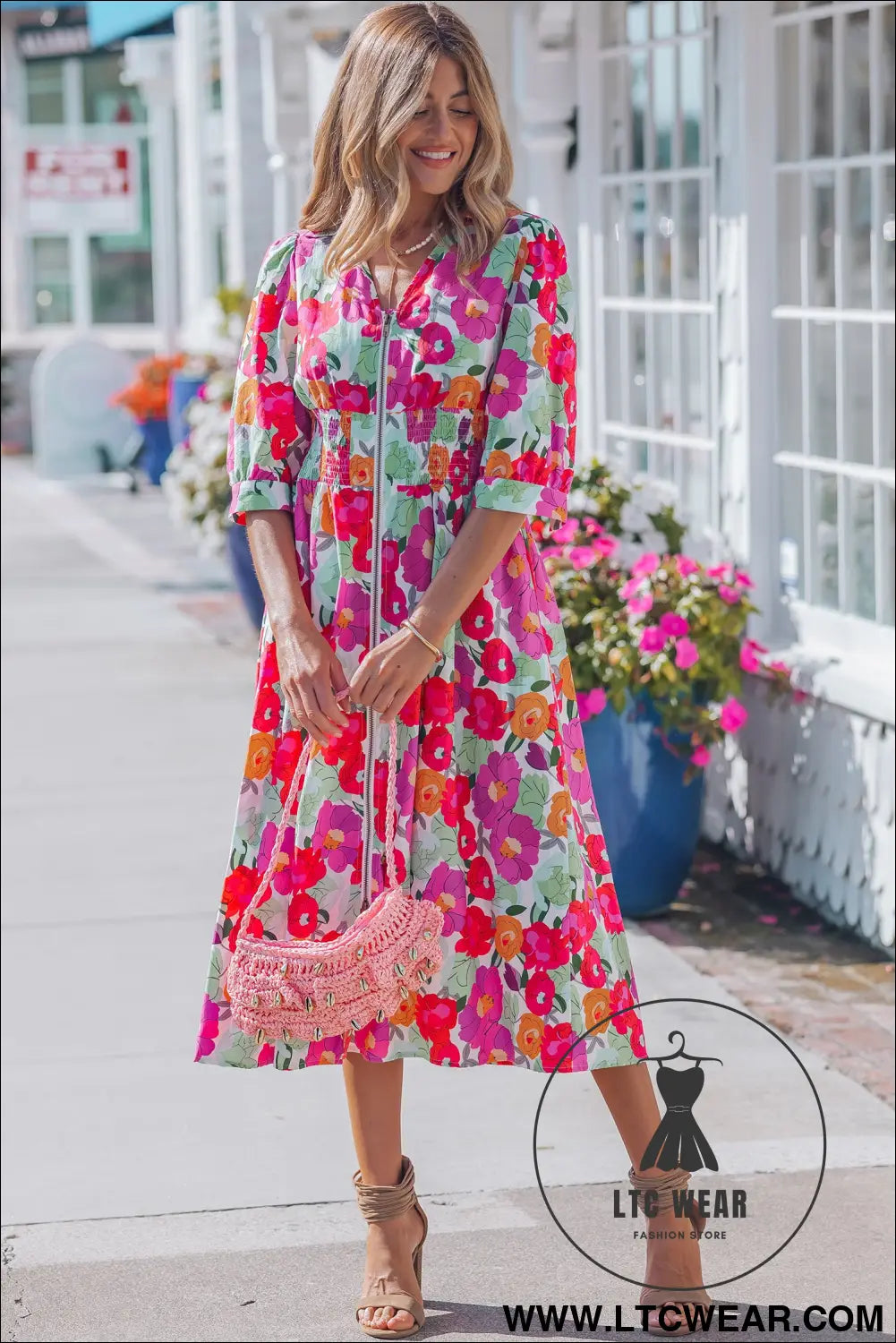 Rose vibrant floral print v neck zip up puffy half sleeve dress - floral dresses