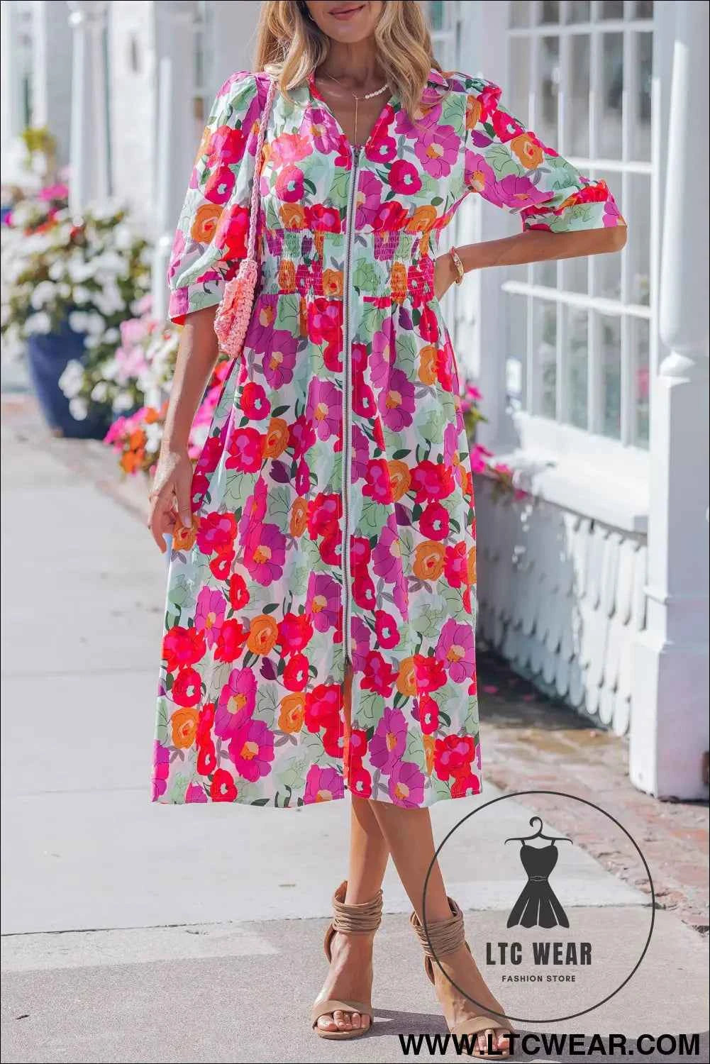 Rose Vibrant Floral Print V Neck Zip Up Puffy Half Sleeve Dress