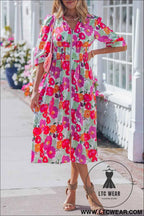Rose Vibrant Floral Print V Neck Zip Up Puffy Half Sleeve Dress
