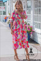 Rose Vibrant Floral Print V Neck Zip Up Puffy Half Sleeve Dress