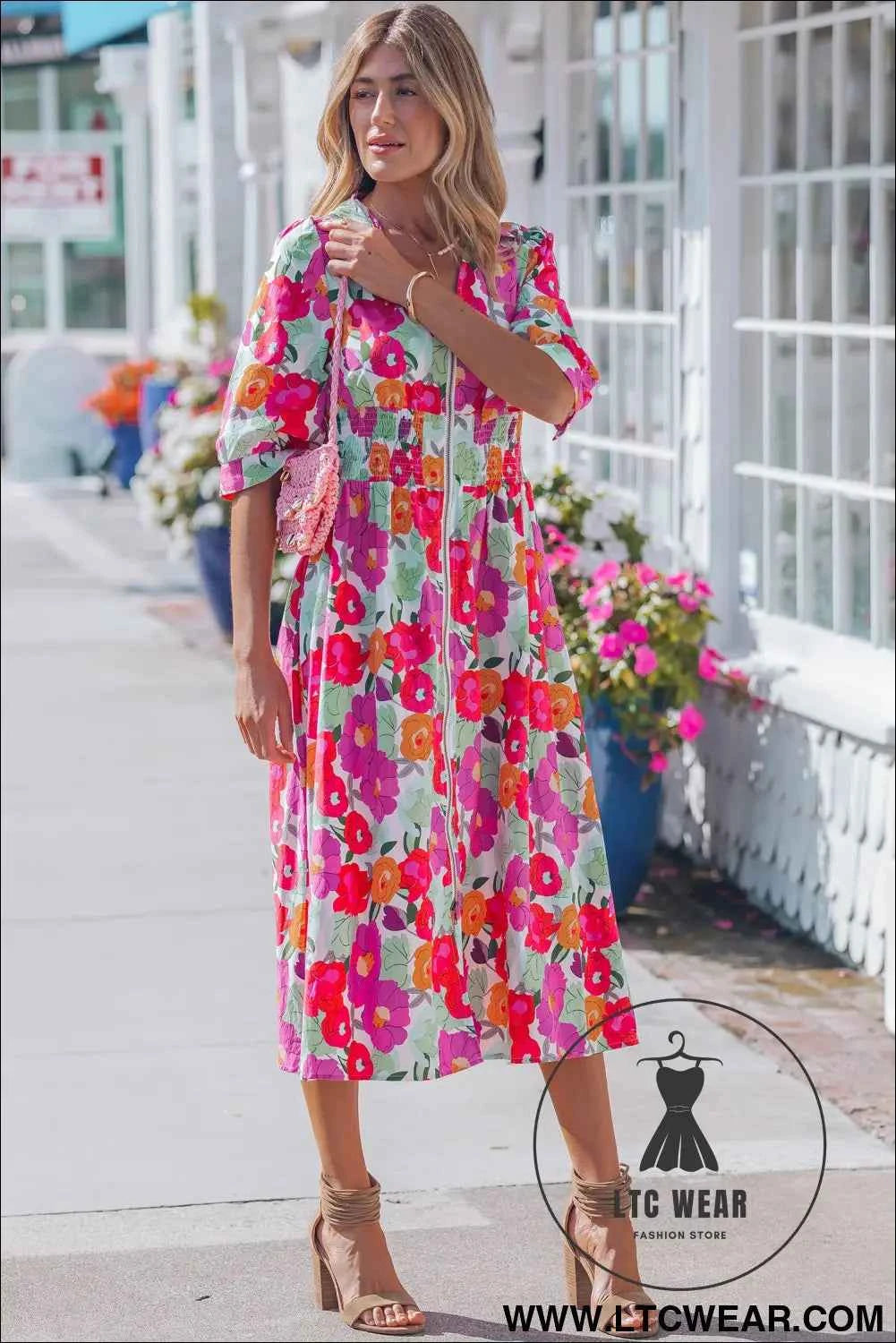 Rose Vibrant Floral Print V Neck Zip Up Puffy Half Sleeve Dress