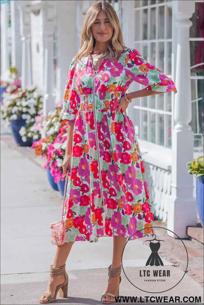 Rose Vibrant Floral Print V Neck Zip Up Puffy Half Sleeve Dress