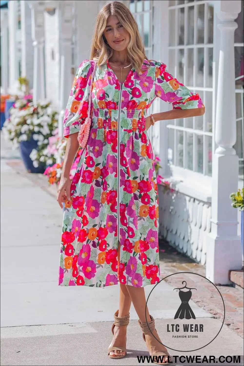 Rose Vibrant Floral Print V Neck Zip Up Puffy Half Sleeve Dress