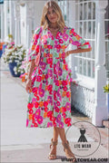 Rose Vibrant Floral Print V Neck Zip Up Puffy Half Sleeve Dress