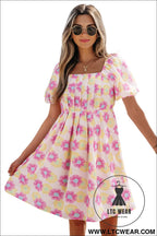 Rose vibrant floral puff sleeve pleated flared mini dress - floral dresses