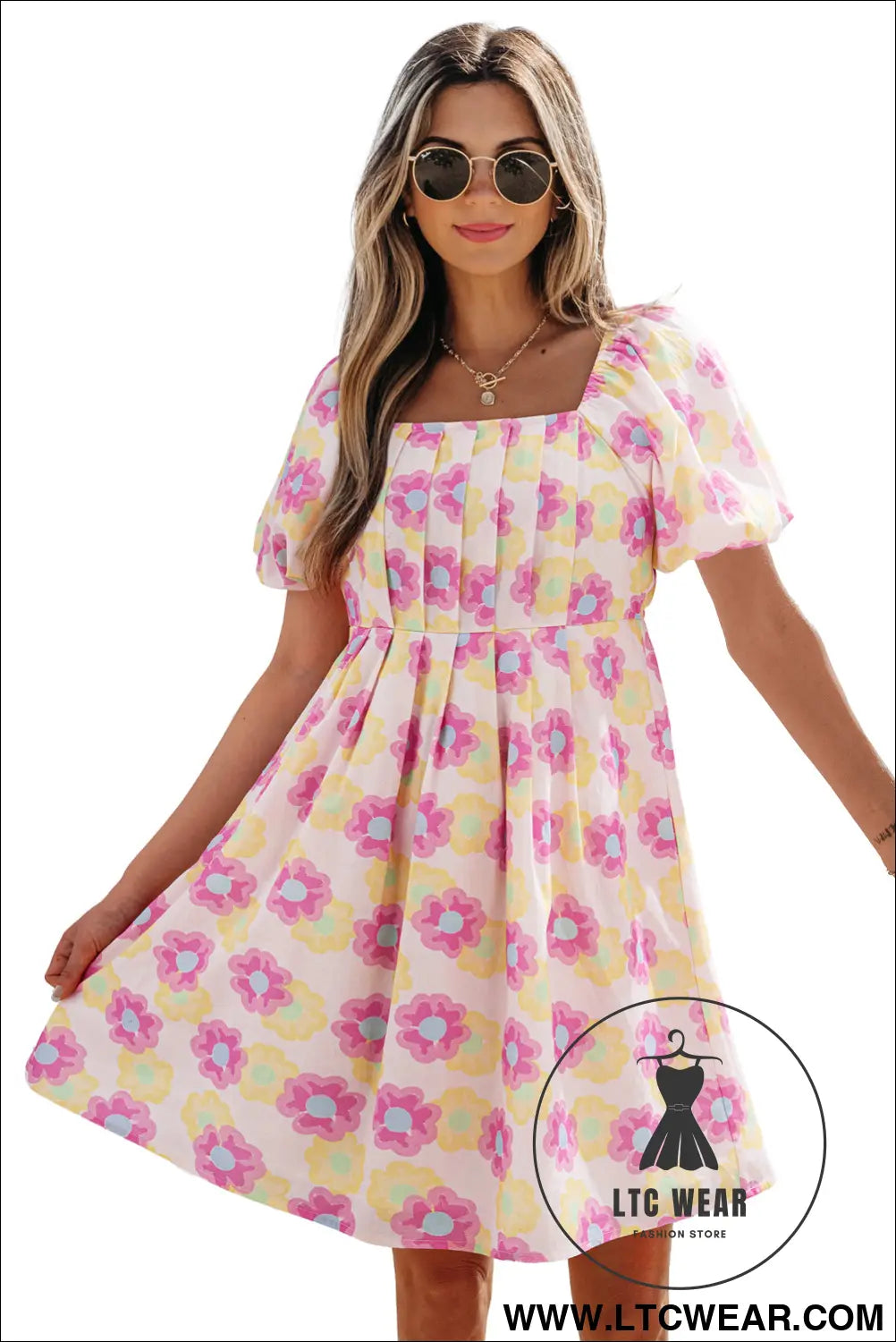Rose vibrant floral puff sleeve pleated flared mini dress - floral dresses
