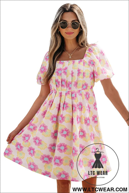 Rose vibrant floral puff sleeve pleated flared mini dress - floral dresses