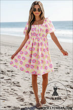 Rose vibrant floral puff sleeve pleated flared mini dress - floral dresses
