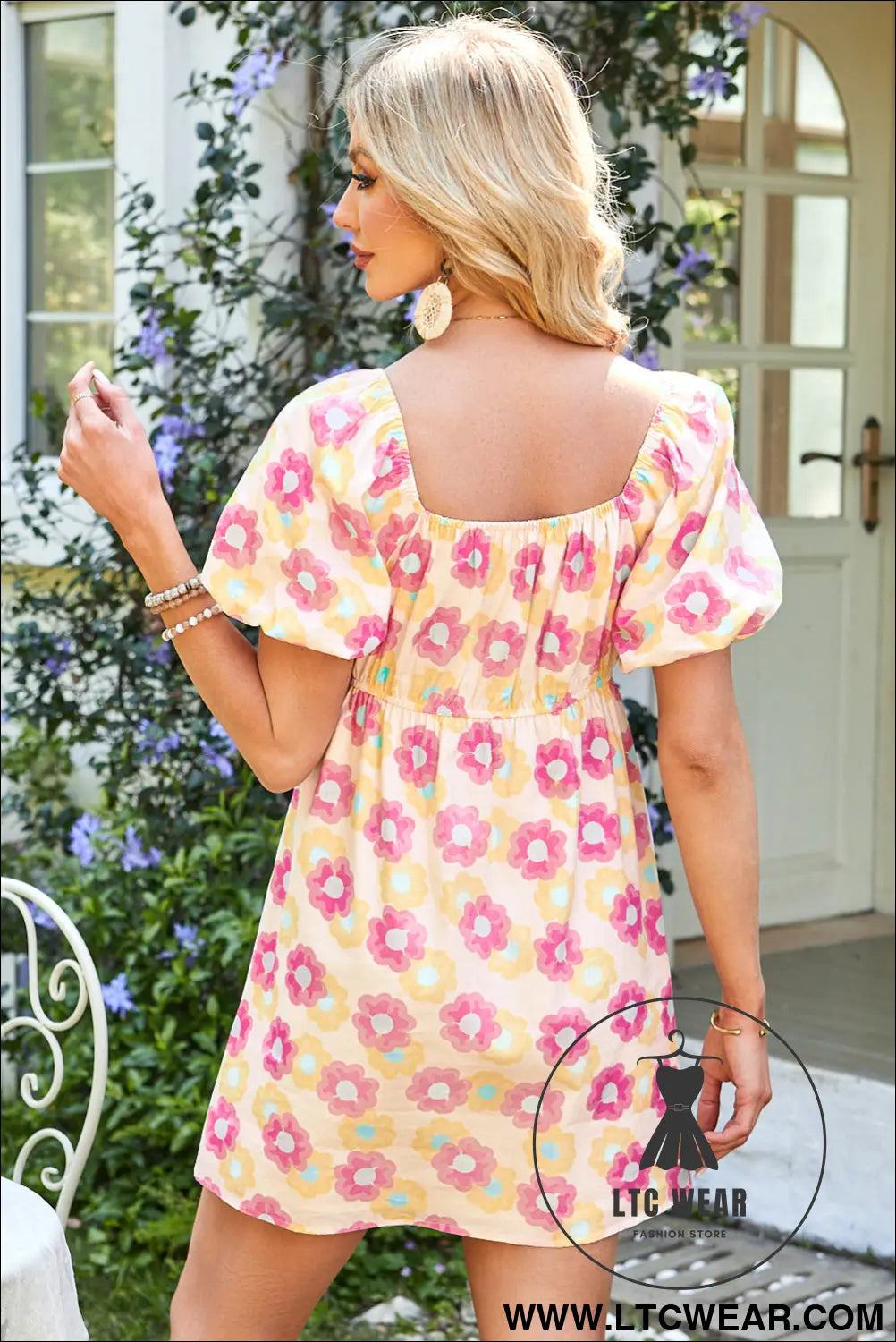 Rose vibrant floral puff sleeve pleated flared mini dress - floral dresses