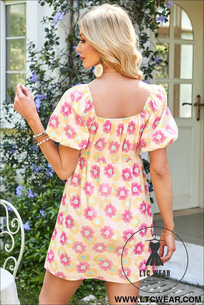 Rose vibrant floral puff sleeve pleated flared mini dress - floral dresses