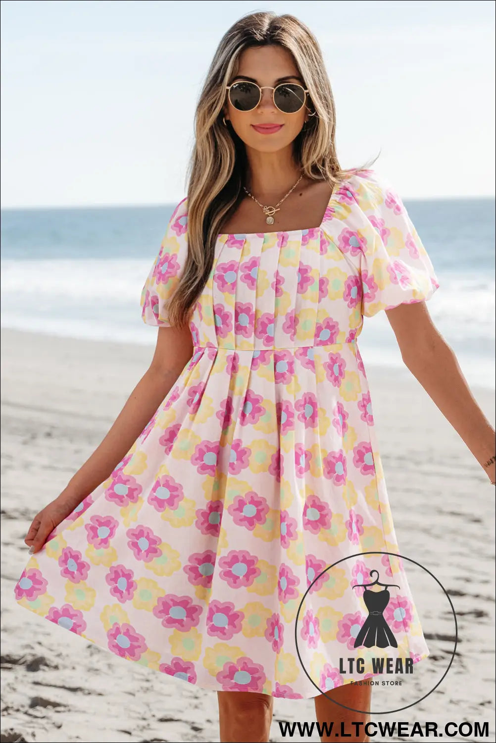 Rose vibrant floral puff sleeve pleated flared mini dress - floral dresses