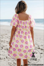 Rose vibrant floral puff sleeve pleated flared mini dress - floral dresses