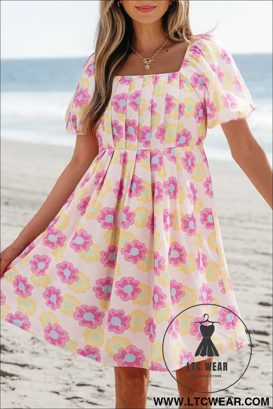 Rose vibrant floral puff sleeve pleated flared mini dress - rose / l / 100% cotton - floral dresses
