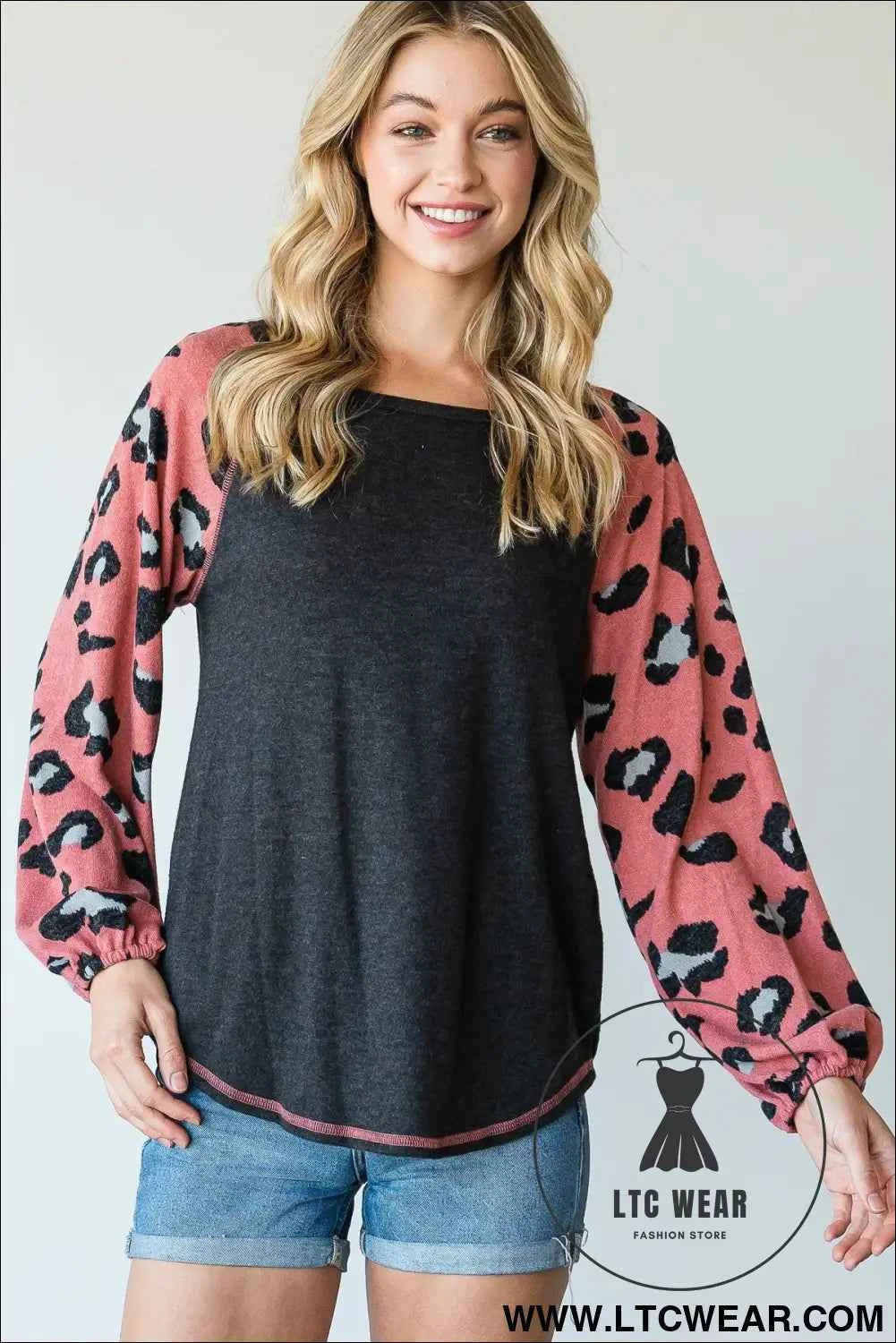 Round Neckline And Animal Print Color Block Top