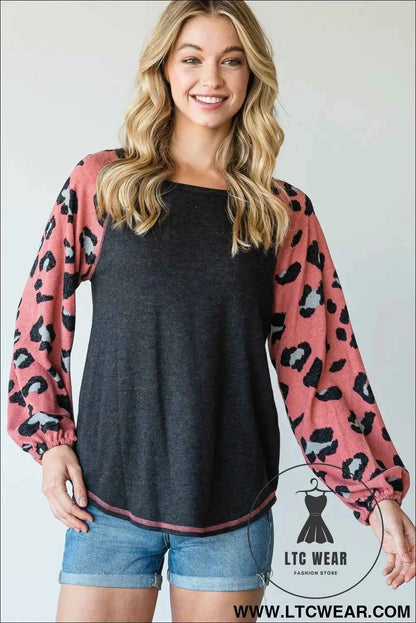 Round Neckline And Animal Print Color Block Top