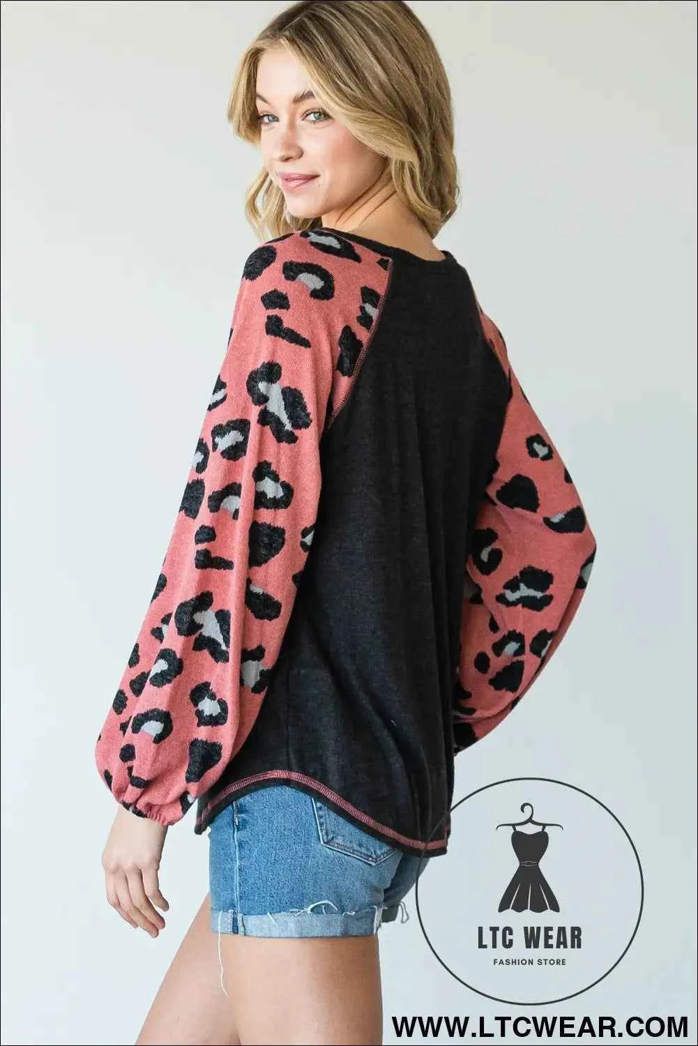 Round Neckline And Animal Print Color Block Top