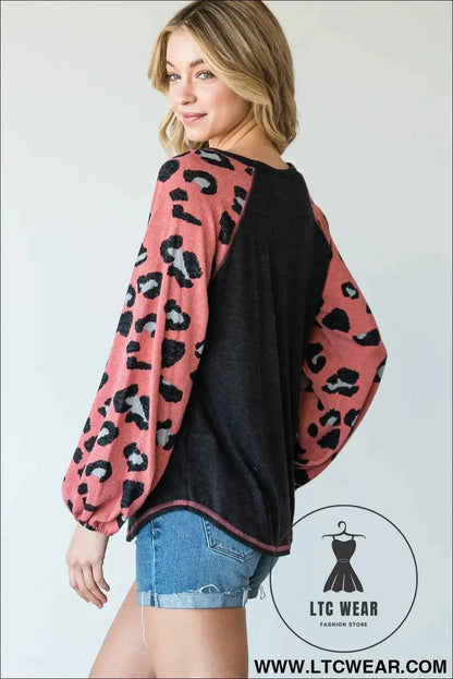 Round Neckline And Animal Print Color Block Top