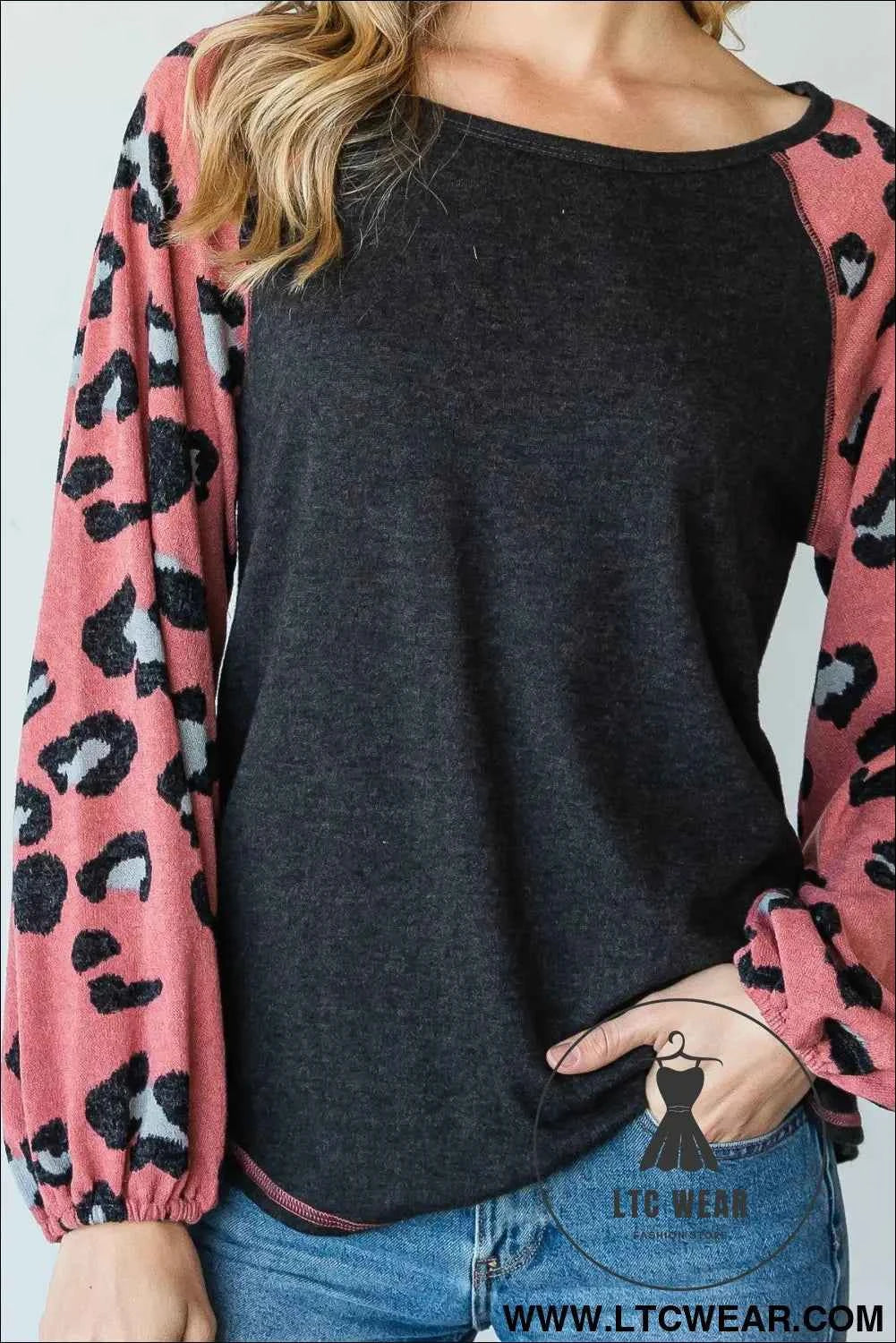 Round Neckline And Animal Print Color Block Top