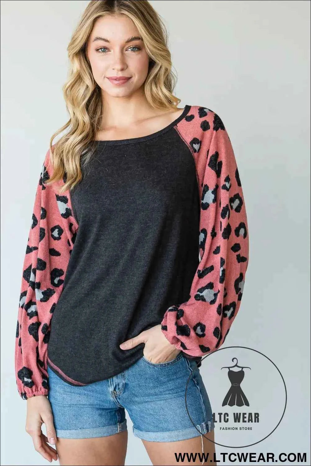 Round Neckline And Animal Print Color Block Top