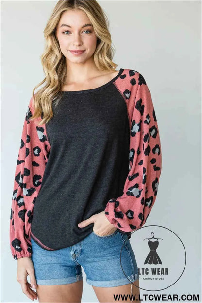 Round Neckline And Animal Print Color Block Top