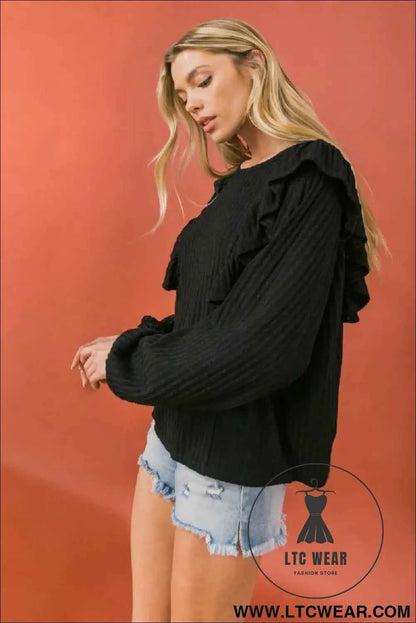 Round Neckline Front Ruffle Detail Knit Top