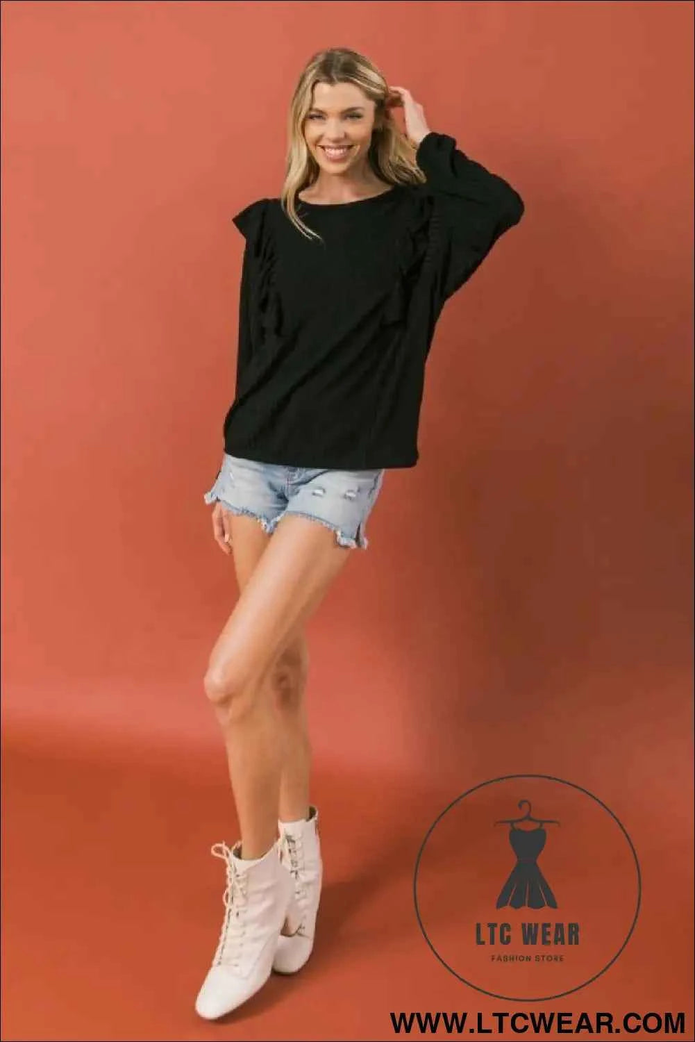 Round Neckline Front Ruffle Detail Knit Top