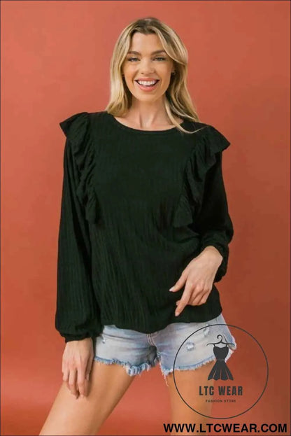 Round Neckline Front Ruffle Detail Knit Top