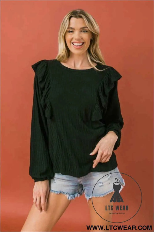 Round Neckline Front Ruffle Detail Knit Top
