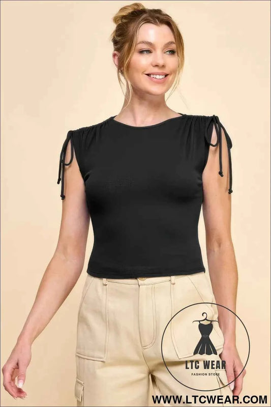 Ruching Shoulder Ribbed Top