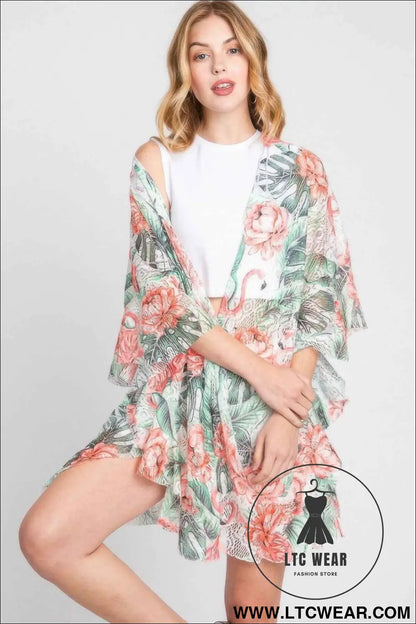 Ruffle Lined Tropical Flamingo Print Open Front