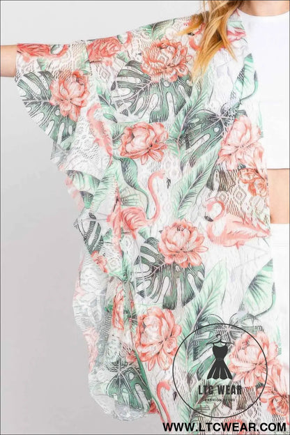 Ruffle Lined Tropical Flamingo Print Open Front