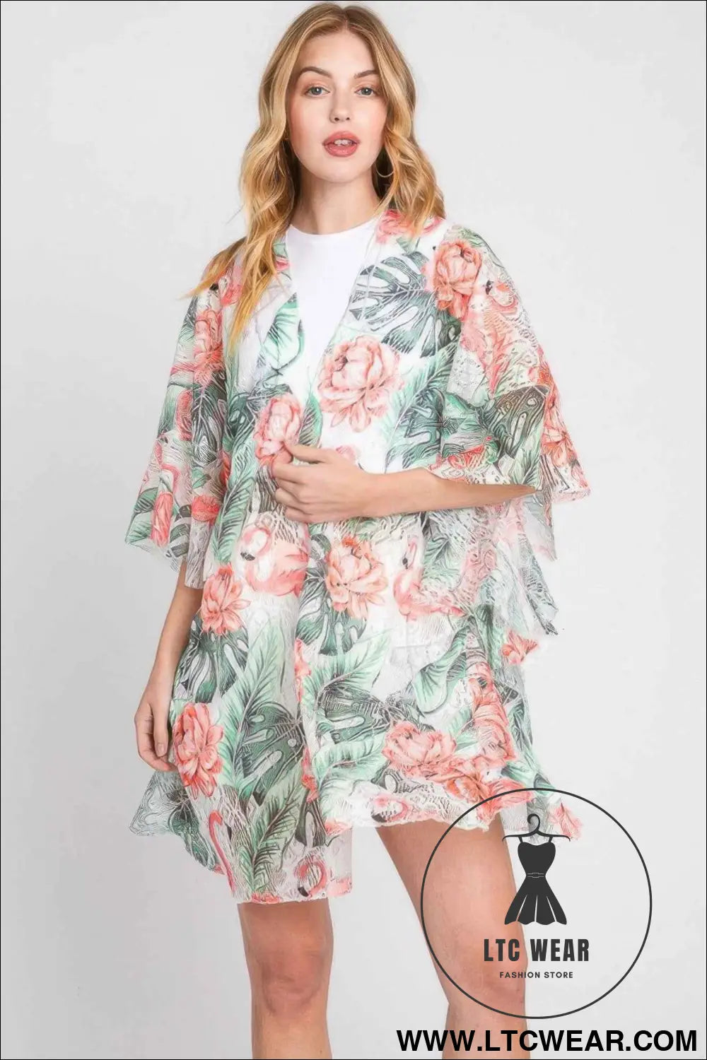 Ruffle Lined Tropical Flamingo Print Open Front