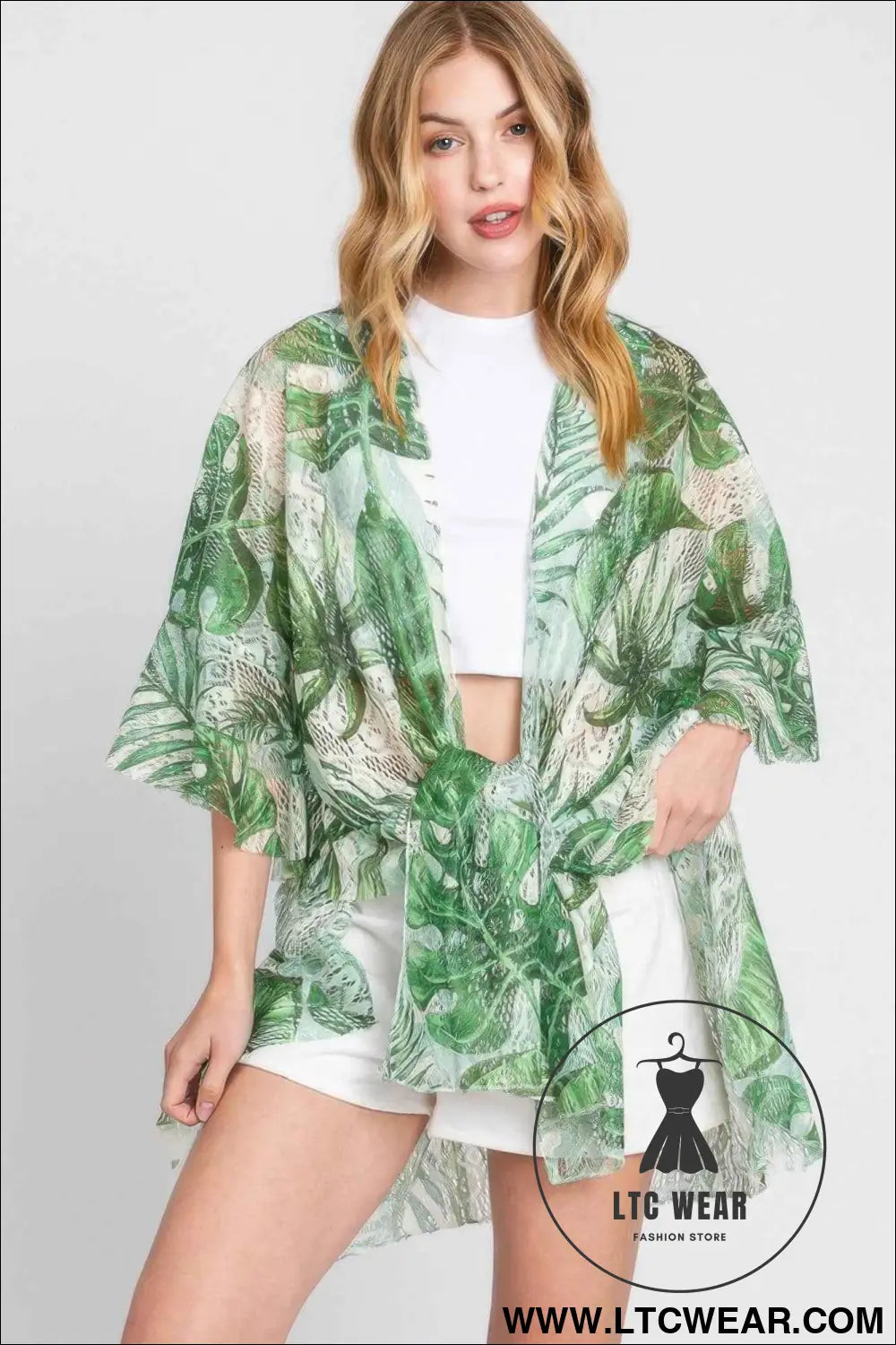 Ruffle Lined Tropical Leaves Print Open Frontcover