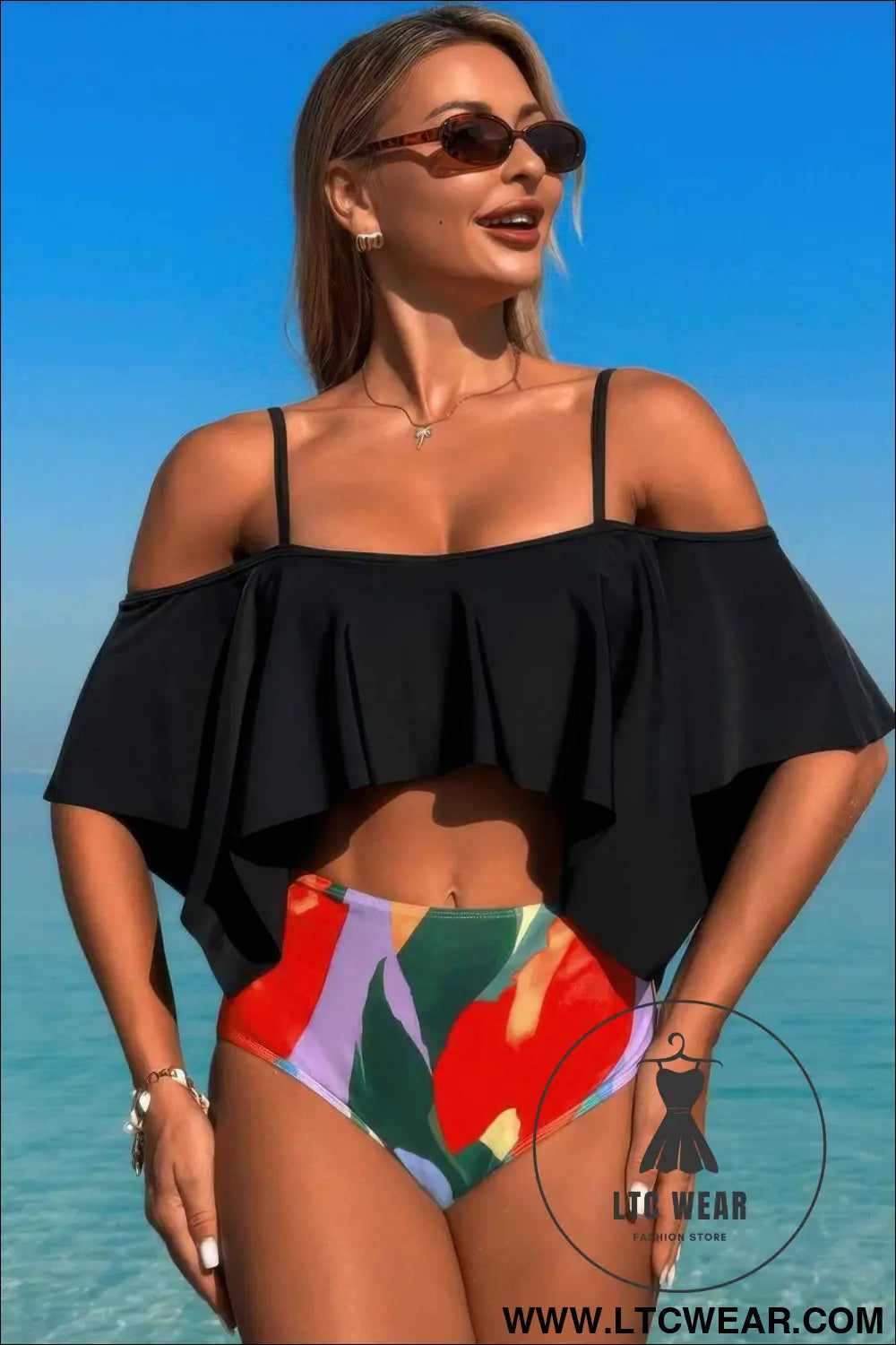 Ruffle Top High Waisted Bottom Tankini Swimsuit