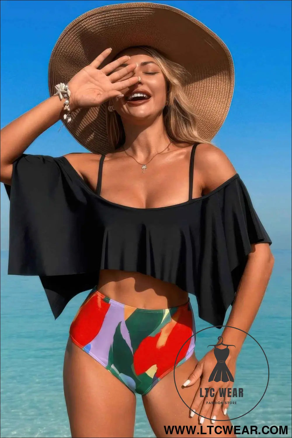 Ruffle Top High Waisted Bottom Tankini Swimsuit