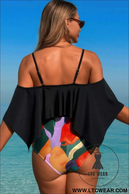 Ruffle Top High Waisted Bottom Tankini Swimsuit