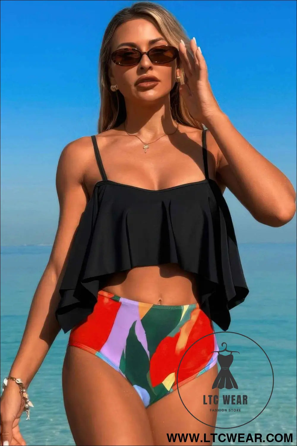 Ruffle Top High Waisted Bottom Tankini Swimsuit