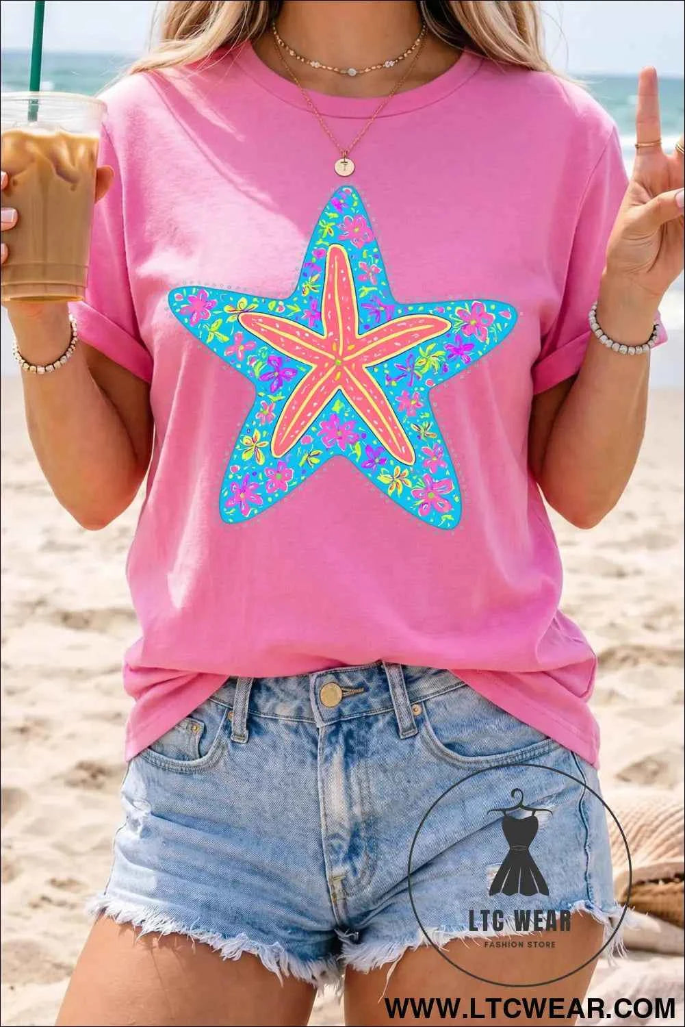 Sachet Pink Floral Starfish Printed Casual Round Neck Tee