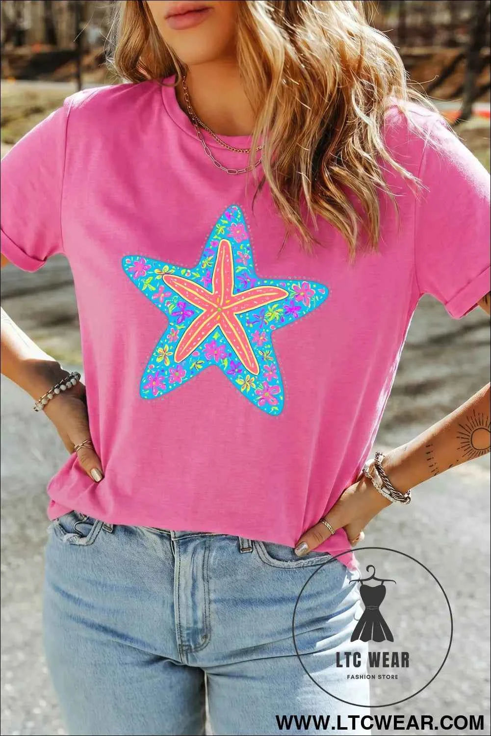 Sachet Pink Floral Starfish Printed Casual Round Neck Tee