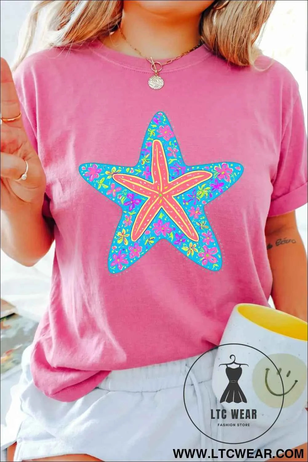 Sachet Pink Floral Starfish Printed Casual Round Neck Tee