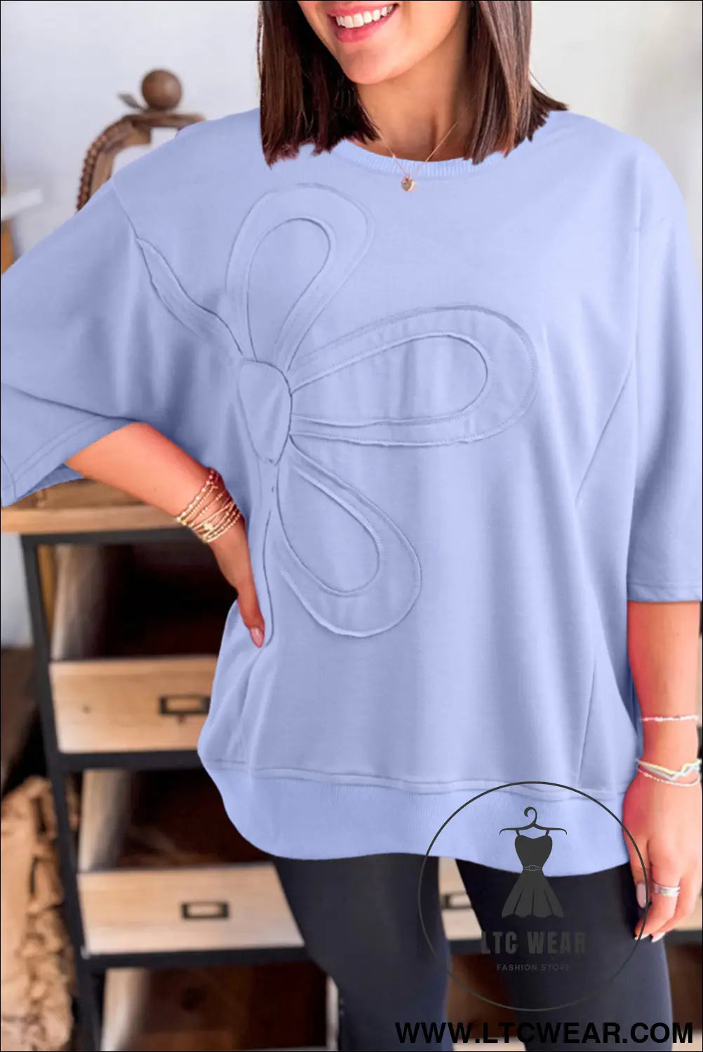 Sachet Pink Solid Color Floral Patched Half Sleeve Tunic Top - L.T.C Wear Online Fashion Store