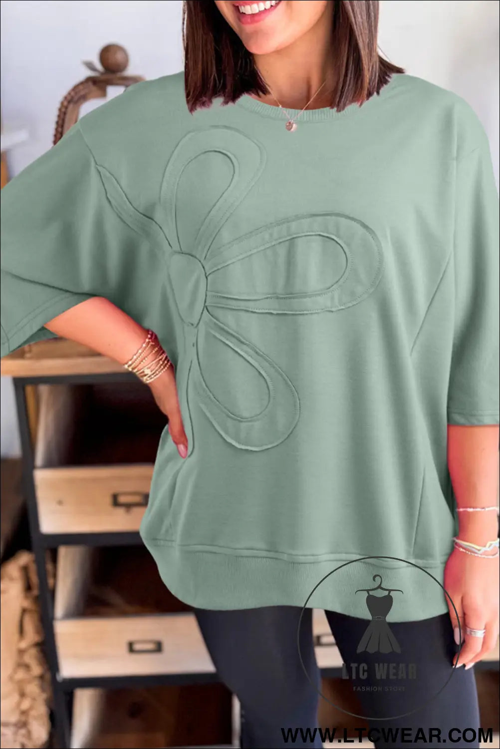 Sachet Pink Solid Color Floral Patched Half Sleeve Tunic Top - L.T.C Wear Online Fashion Store