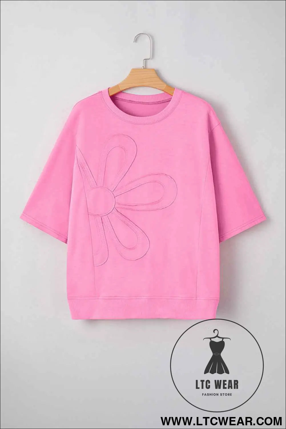 Sachet Pink Solid Color Floral Patched Half Sleeve Tunic Top