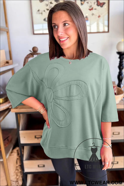 Sachet Pink Solid Color Floral Patched Half Sleeve Tunic Top - L.T.C Wear Online Fashion Store