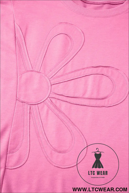 Sachet Pink Solid Color Floral Patched Half Sleeve Tunic Top - L.T.C Wear Online Fashion Store