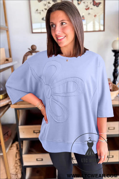 Sachet Pink Solid Color Floral Patched Half Sleeve Tunic Top - L.T.C Wear Online Fashion Store