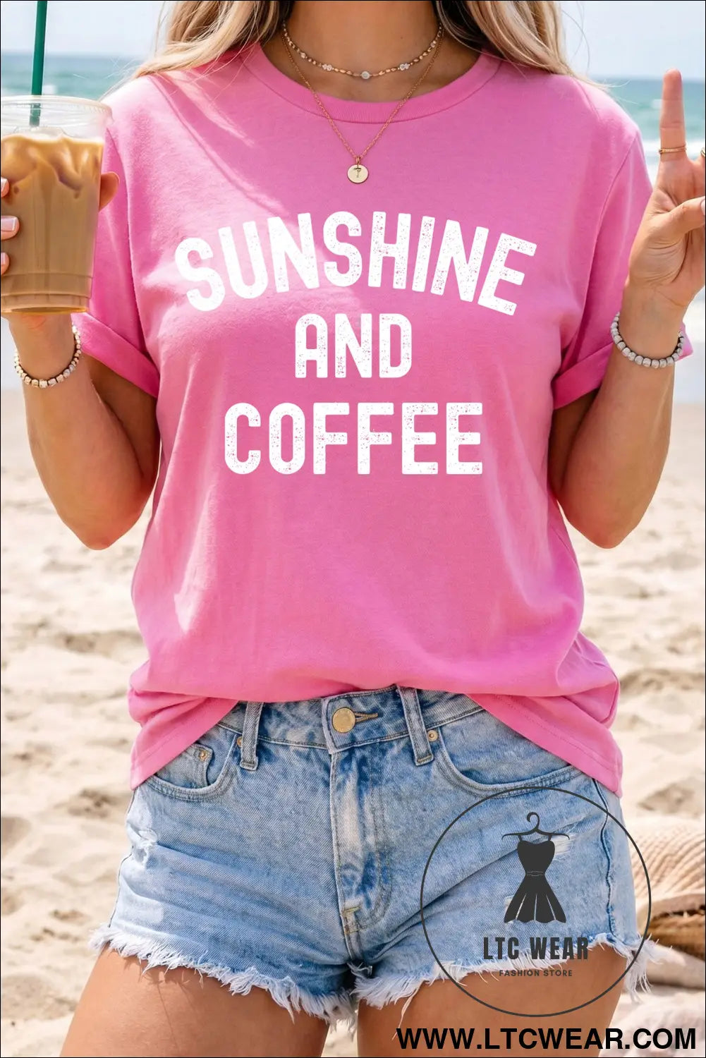 Sachet pink sunshine and coffee summer beachwear graphic tee - sachet pink / 2xl / 62% polyester + 32% cotton + 6%