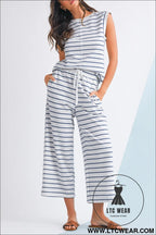 Sail blue casual striped tee and wide leg pants set - sail blue / l / 59% polyester + 41% cotton - pant sets