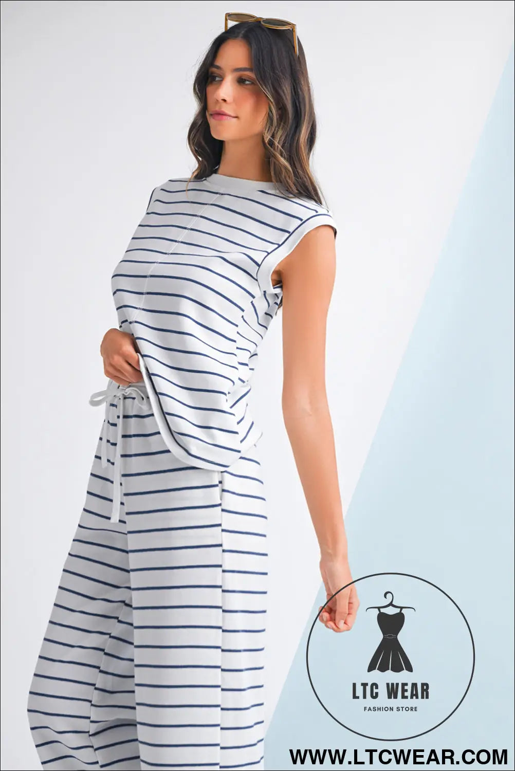 Sail blue casual striped tee and wide leg pants set - pant sets