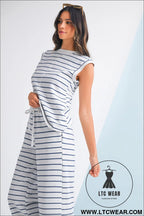 Sail blue casual striped tee and wide leg pants set - pant sets